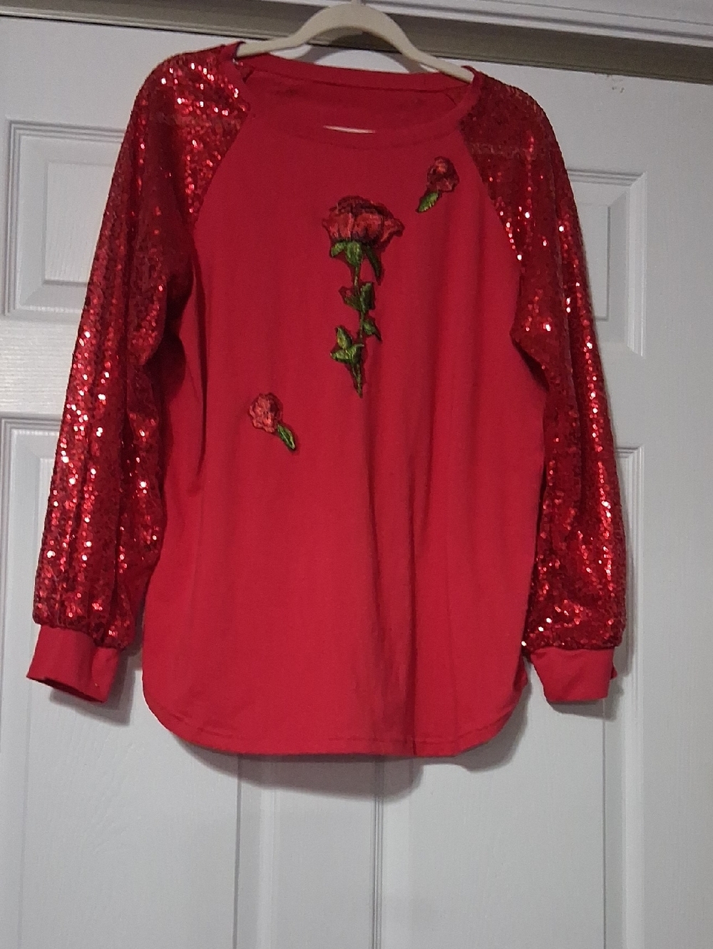 Women's Sequin Sleeve Red Floral Top